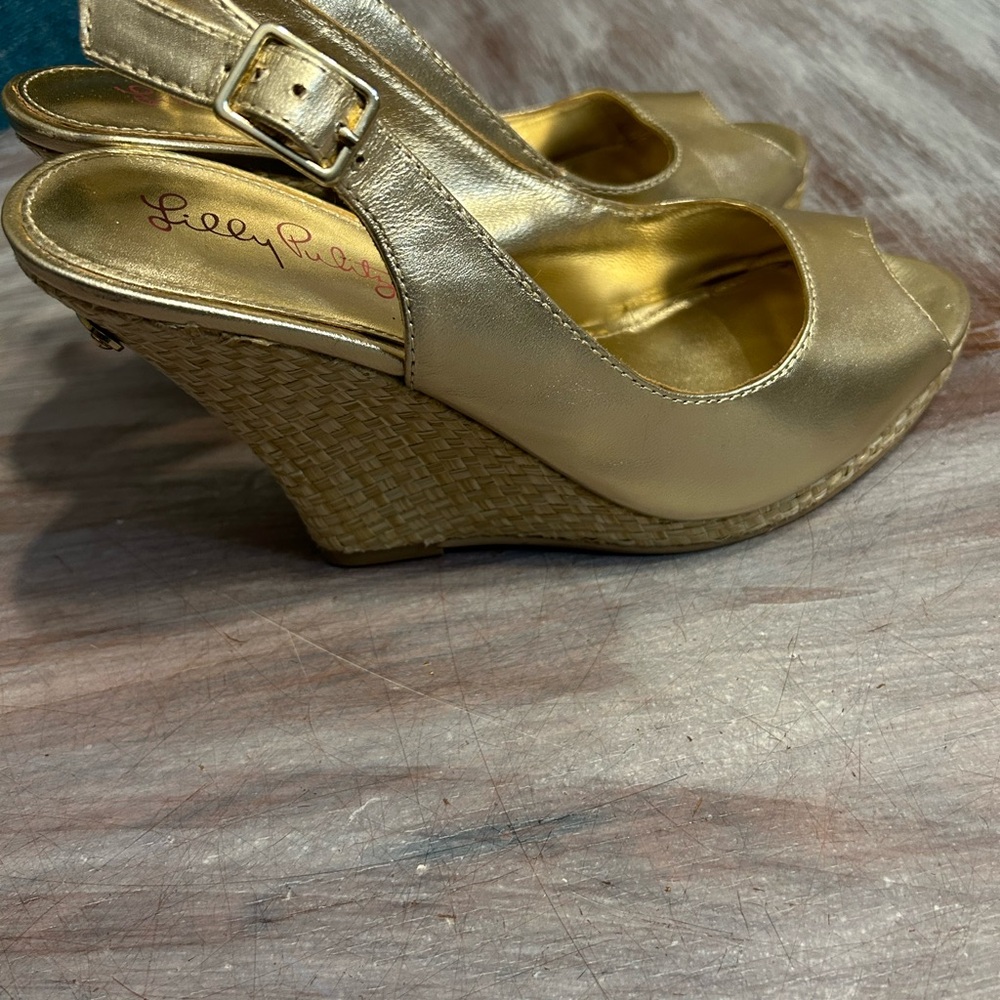 Lilly Pulitzer Metallic Gold Peep-Toe Slingback Heels
